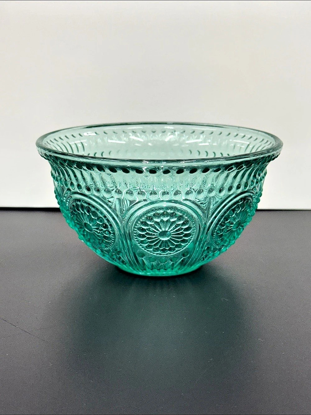 Pioneer Woman Teal Green Glass Clear Berry Bowl 13 Oz Adeline design 5"
